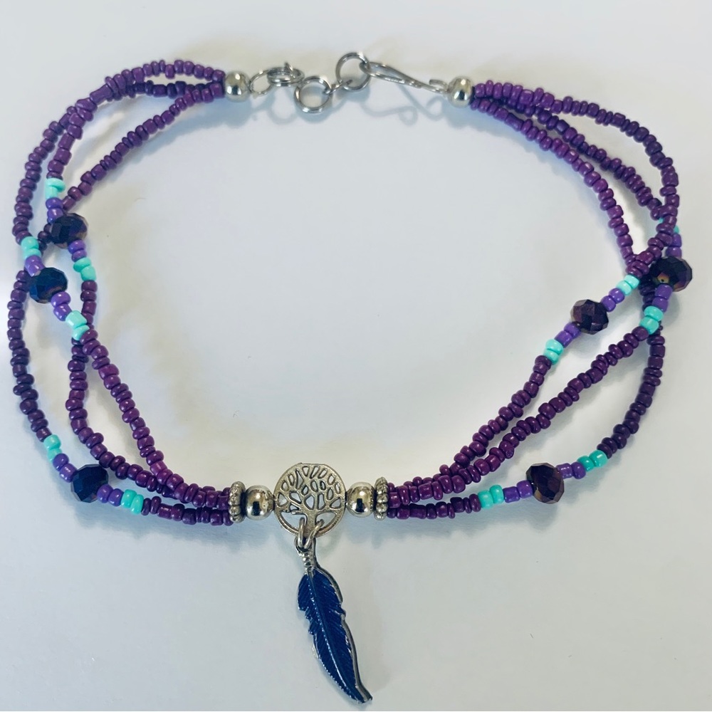 BOHEMIAN HANDMADE ANKLET PURPLE BEADS WITH FEATHER CHARM MULTICOLOR